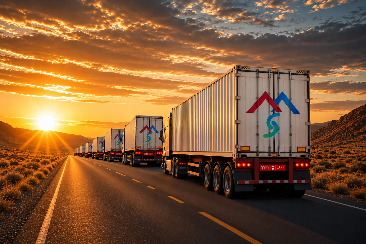 A line of white trucks carrying Marsa-branded containers along a desert highway at sunset