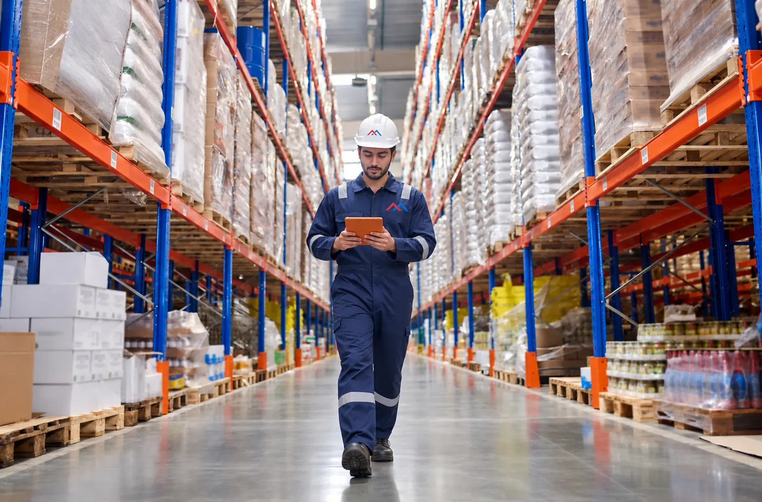A Marsa Logistics team member in navy coveralls and a white hard hat checks inventory on a tablet in a racked warehouse aisle